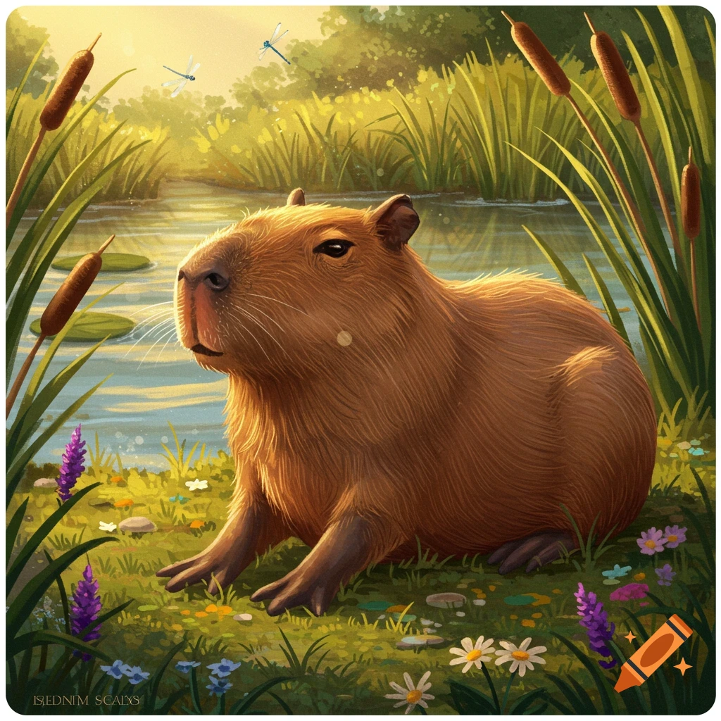 An illustrative painting of a capybara sitting by a pond with tall grass, cattails, and wildflowers, with dragonflies overhead.