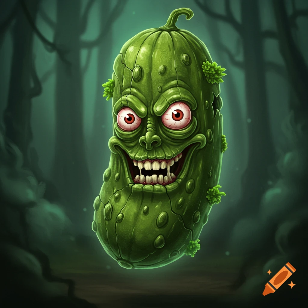 A monstrous green pickle with glowing red eyes and sharp teeth floats in a dark, eerie forest.