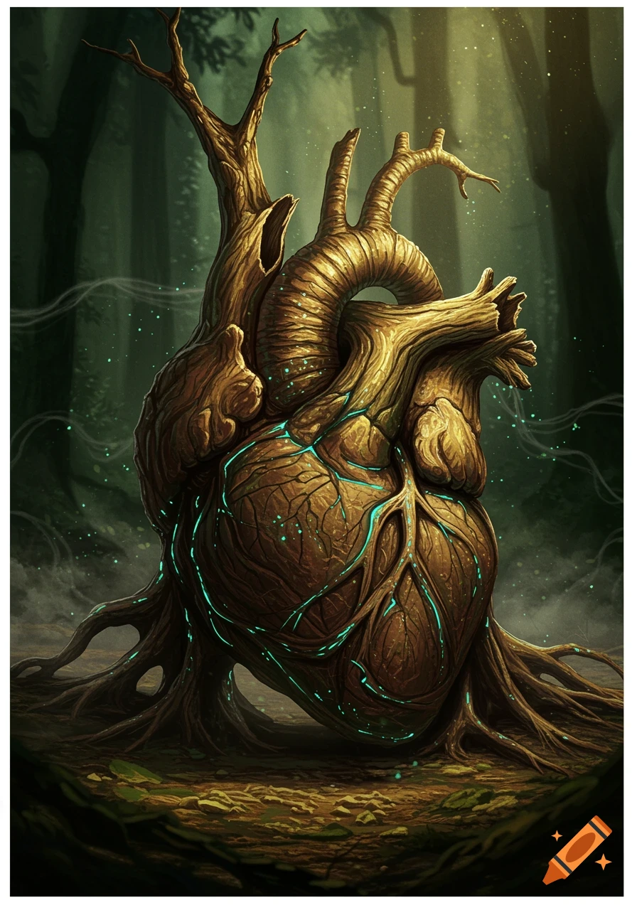A gnarled, heart-shaped tree root with glowing blue veins sits in a dark, mystical forest, digital painting.