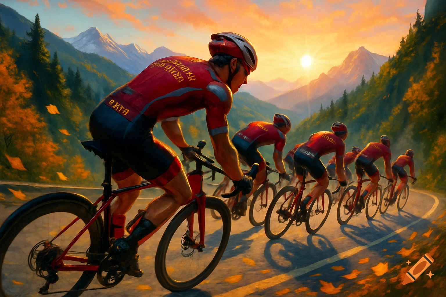 Cyclists in red jerseys ride along a mountain road at sunset, with autumn leaves scattered on the ground.