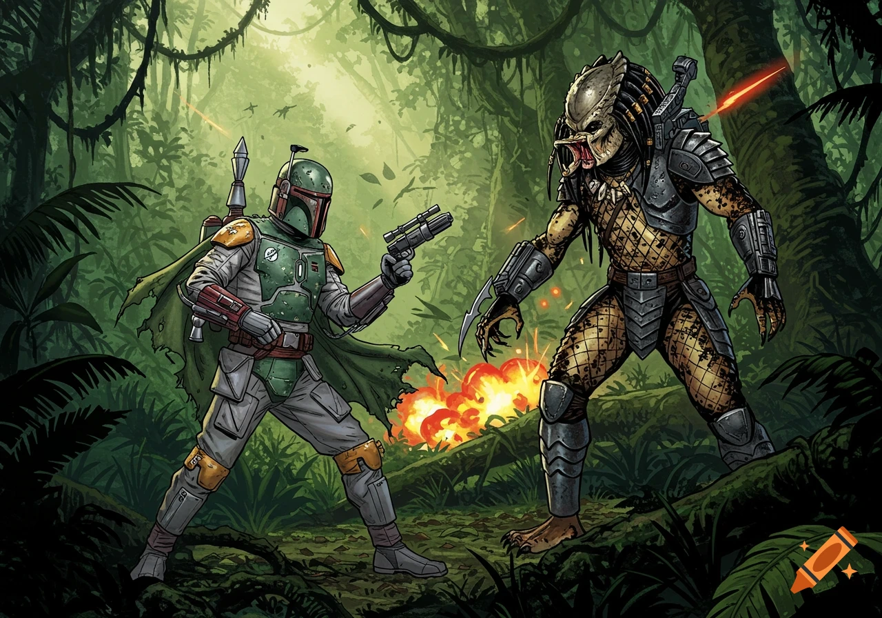 Boba Fett and Predator in a comic book style showdown in a dense jungle, with explosions behind Predator.