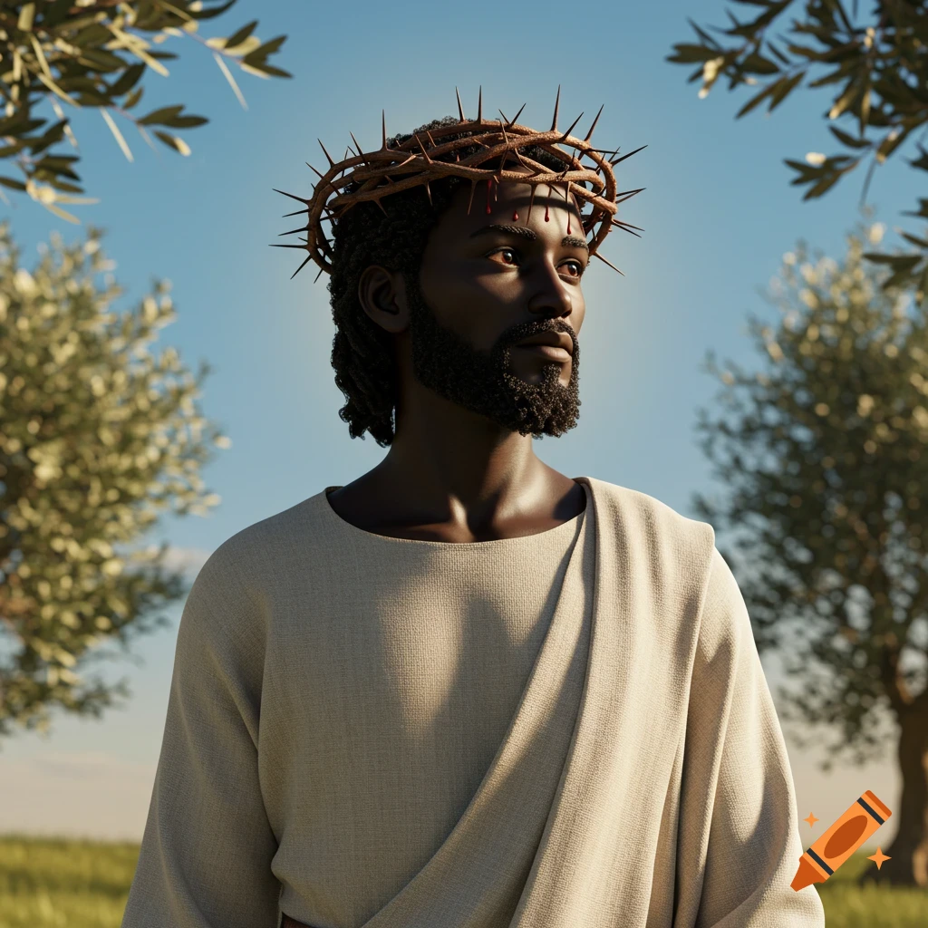 Realistic 3D portrait of a dark-skinned man resembling Jesus, wearing a crown of thorns, standing in a field with olive trees under a blue sky.