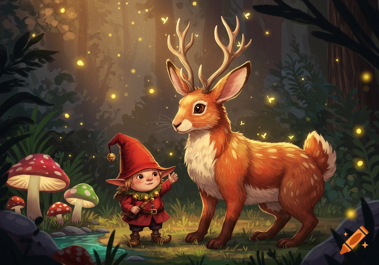 A whimsical gnome in a red suit and hat stands next to a fantastical deer-like creature with antlers in a glowing forest with mushrooms.