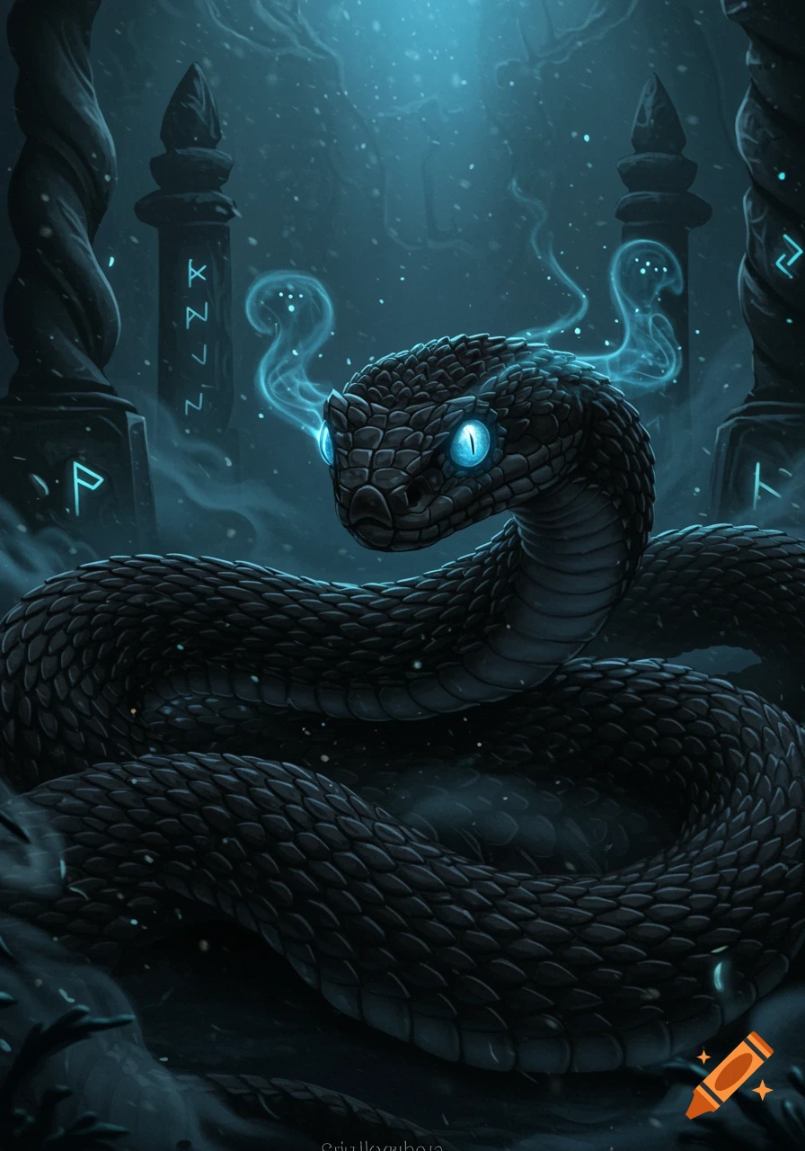 A black viper snake with glowing blue eyes and blue smoke around its head, set in a dark fantasy ruin with glowing runes.