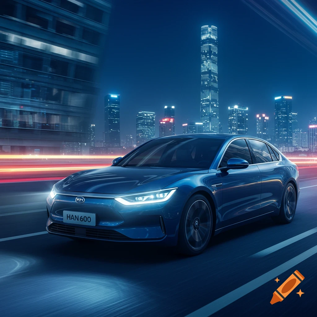 Blue sedan drives on a dark city road at night, with illuminated buildings and blurred light trails in the background.