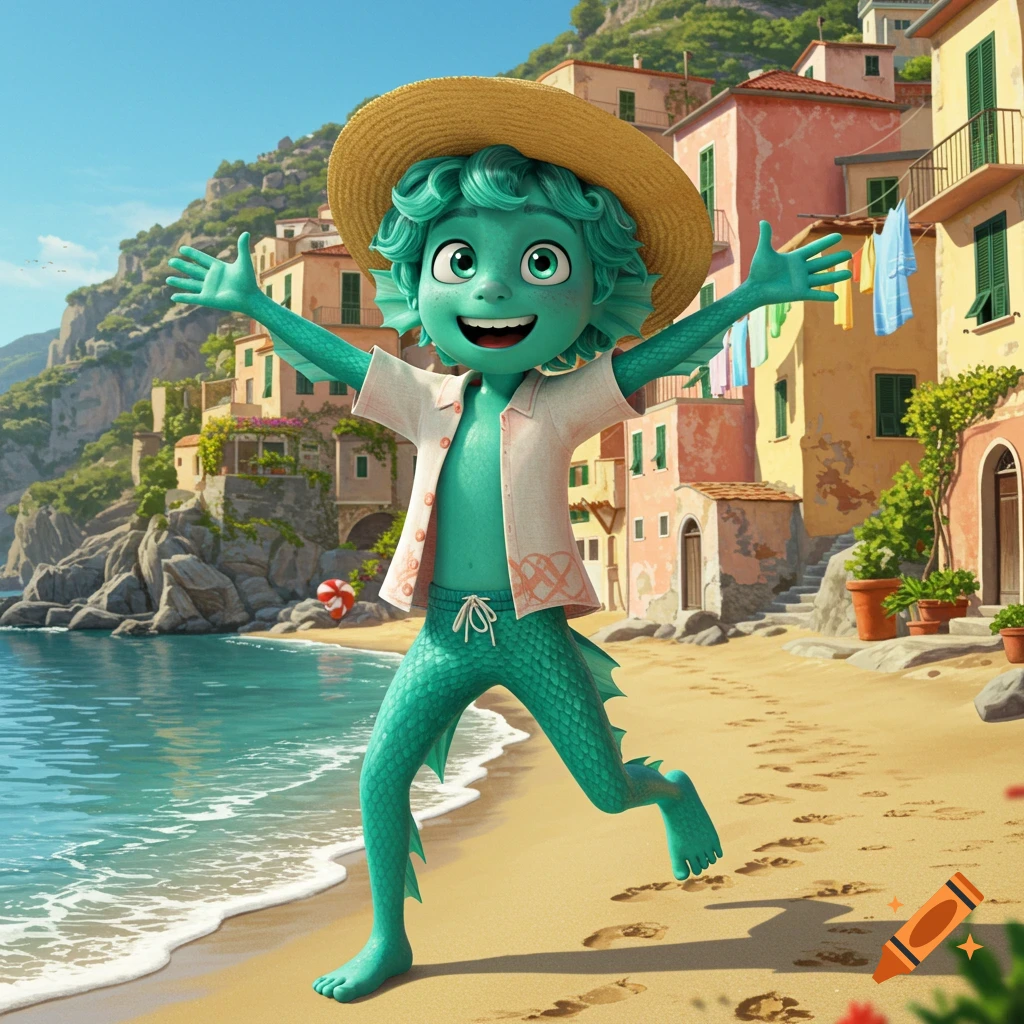 Cheerful sea monster boy, Alberto Scorfano, runs on a sunny beach with an Italian coastal village backdrop.