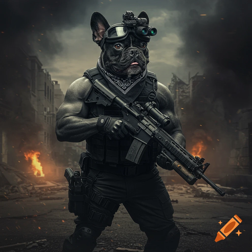 A photorealistic French bulldog in tactical gear and goggles, holding an AR-15 rifle in a smoky, war-torn city with fires.