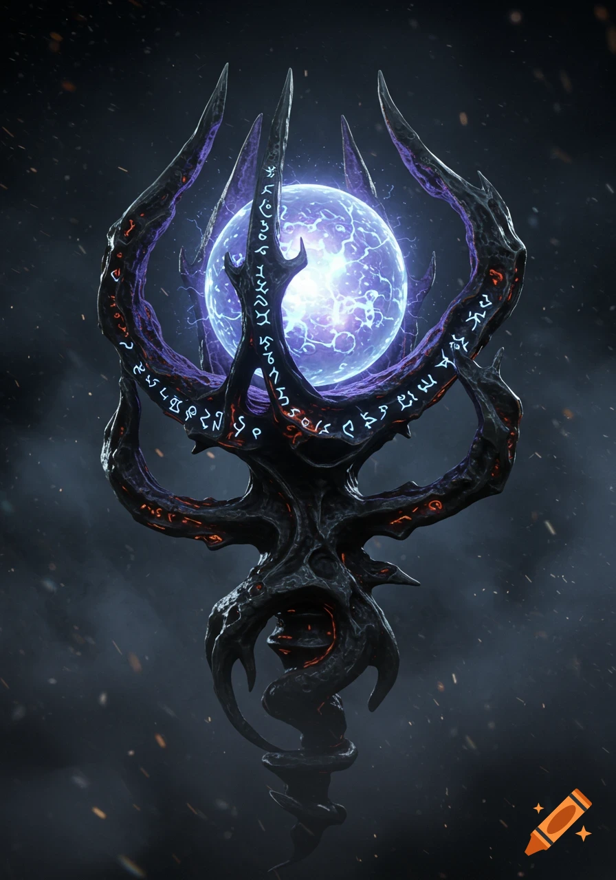 A dark, twisting magical staff with a glowing blue-purple orb at its center, surrounded by glowing runes.