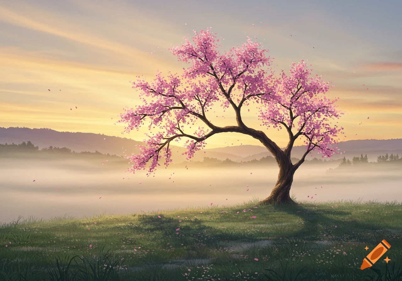 Digital painting of a pink cherry blossom tree on a hill overlooking a misty valley at sunrise.