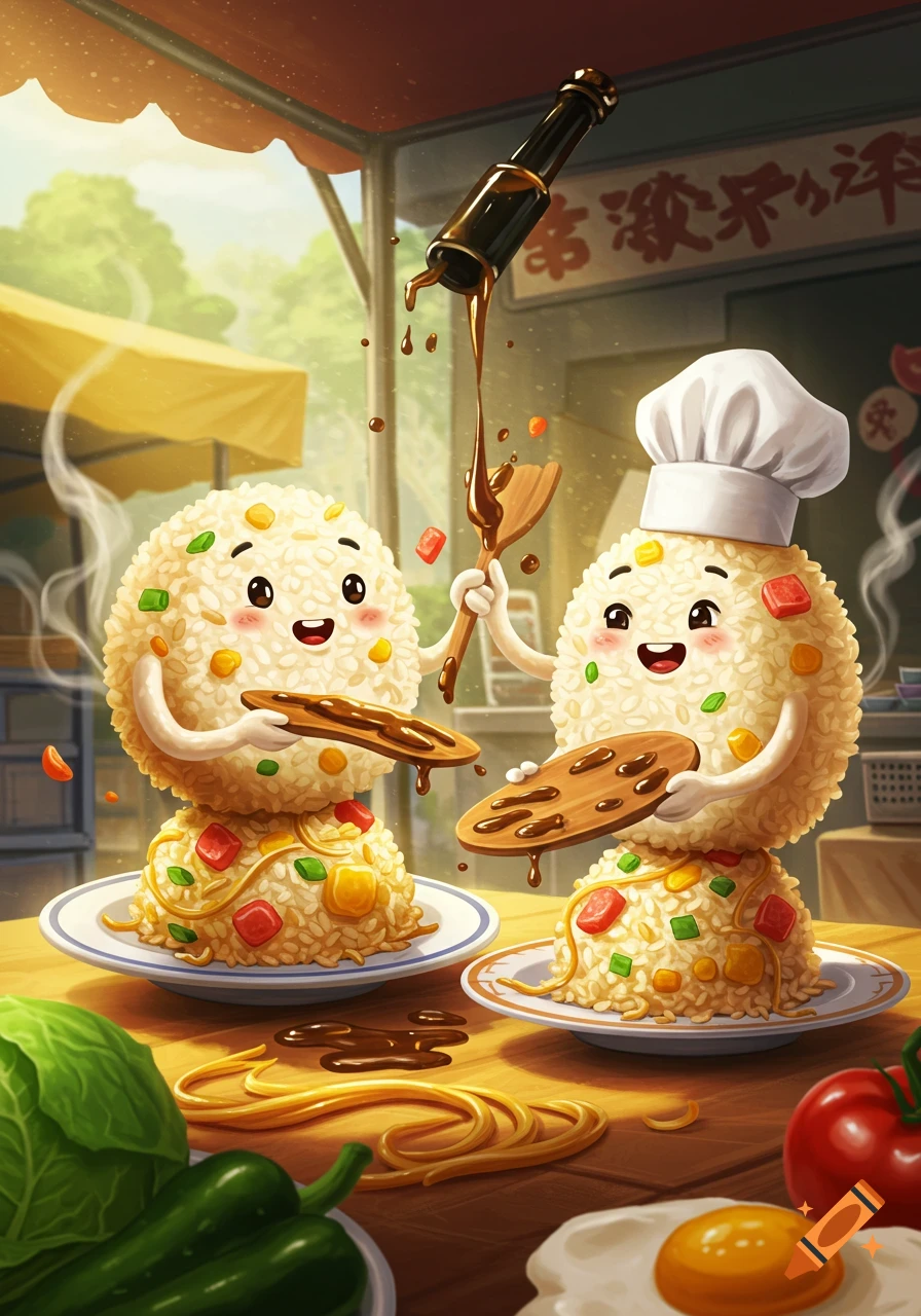 Two cheerful anthropomorphic fried rice characters preparing dishes in a vibrant, illustrative kitchen scene with ingredients.