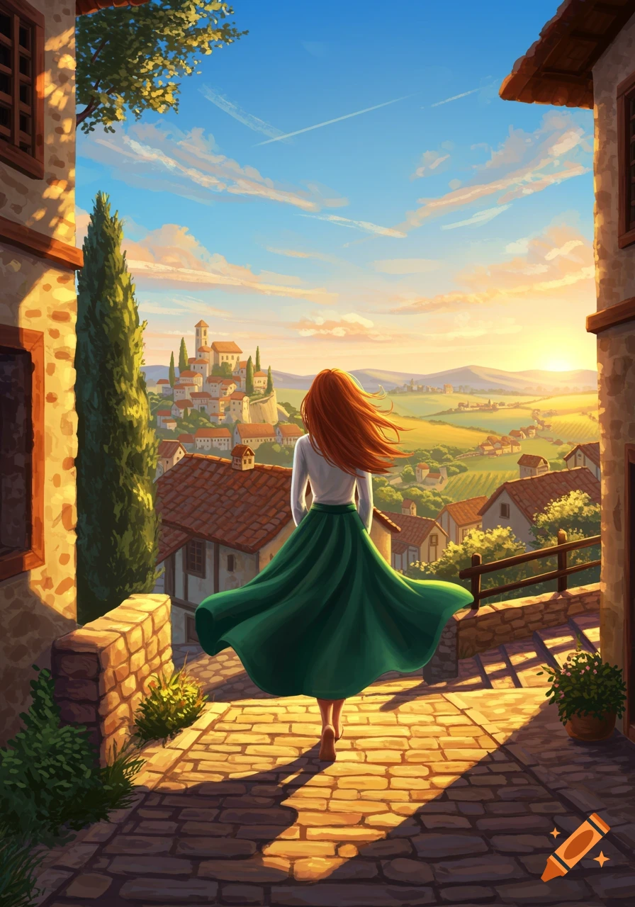 Illustrative painting of a red-haired woman walking on a stone path towards a Tuscan village at sunrise.