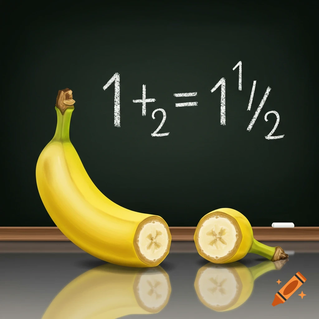 A banana cut in half lies on a reflective surface in front of a chalkboard with the equation "1 + 1/2 = 1 1/2" written in chalk.