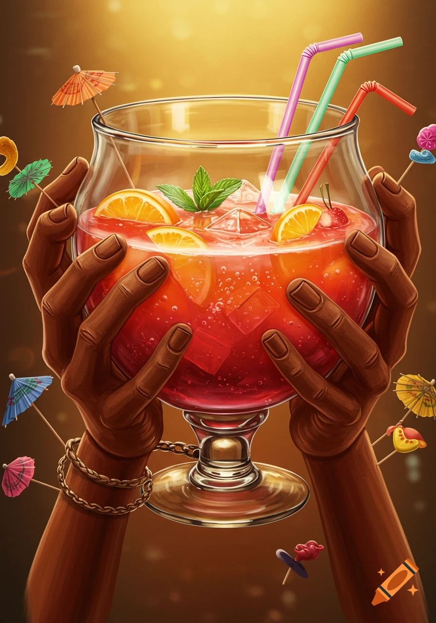 Hands holding a large punch bowl filled with a red drink, ice, oranges, and mint, with straws and cocktail decorations around it. Illustrated style.