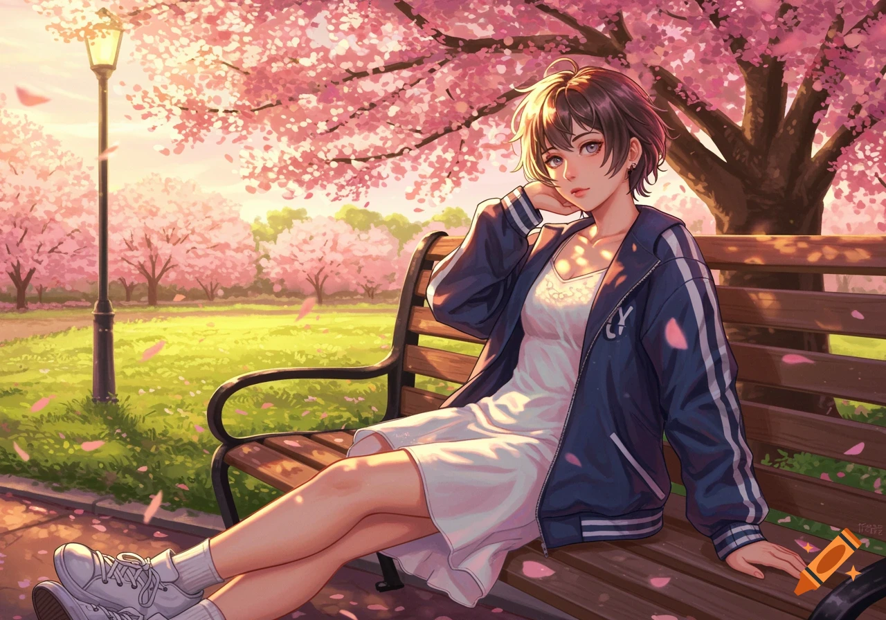 Anime style depiction of a young woman sitting on a park bench under blooming cherry blossom trees.