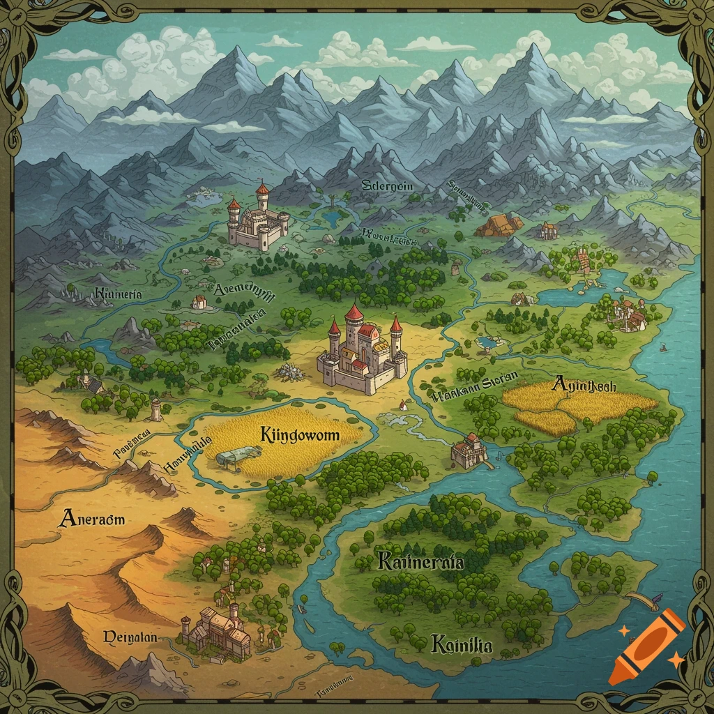 A detailed fantasy map with mountains, forests, rivers, castles, and named regions, in an illustrated style.