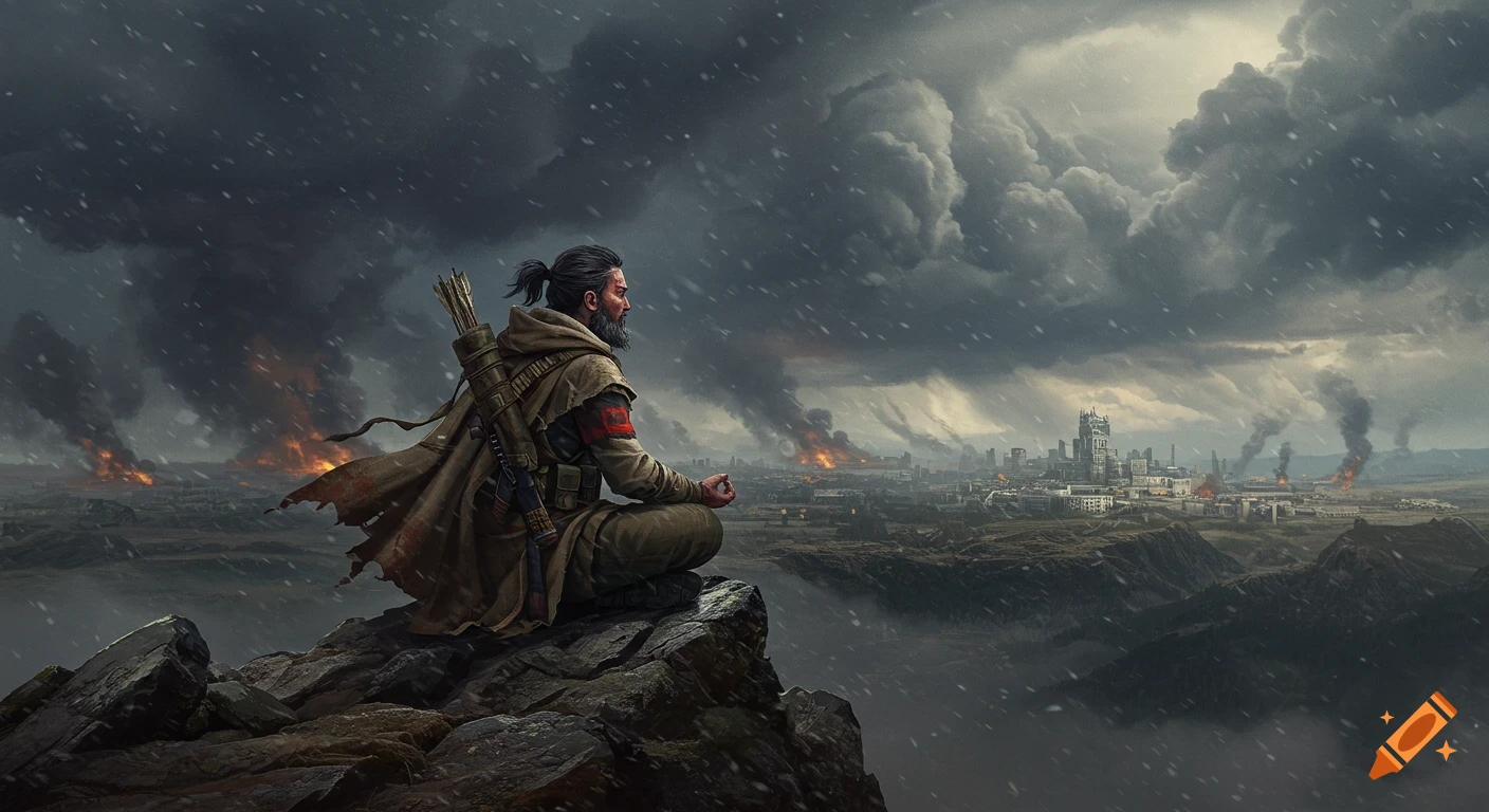 A bearded man in survival gear meditates on a rocky peak, overlooking a ruined, burning city under a dark, snowy sky. Digital art.