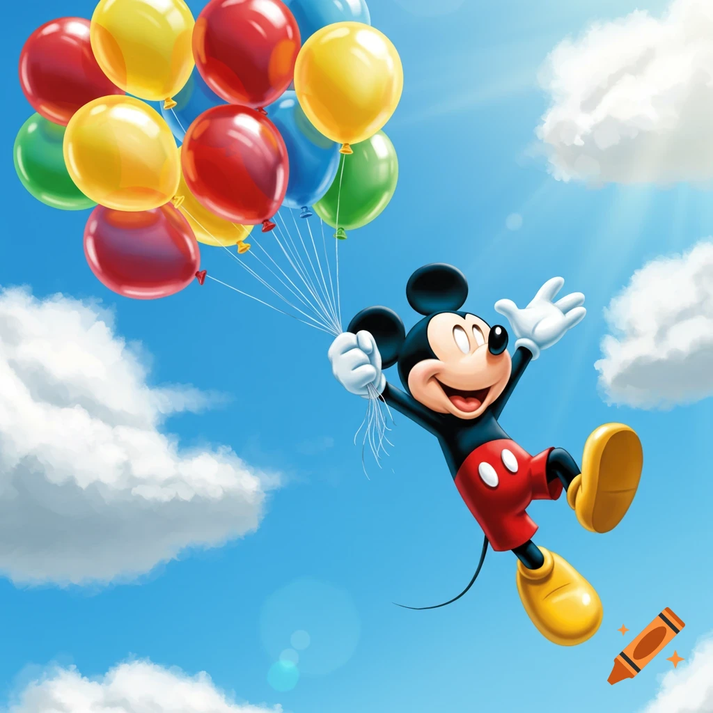 Mickey Mouse holding colorful balloons and flying in a blue sky with clouds.