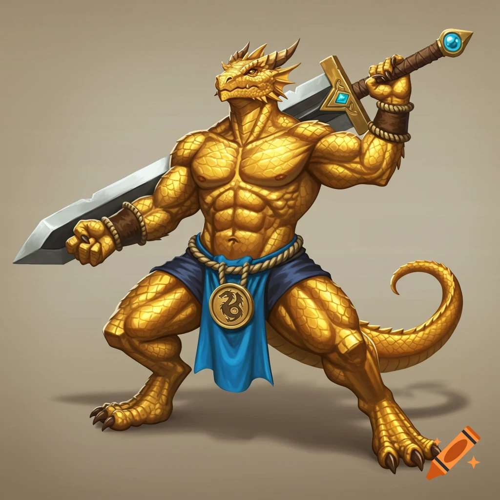 A golden-scaled dragonborn warrior in a blue loincloth, holding a large two-handed sword in a dynamic battle stance in a semi-realistic style.