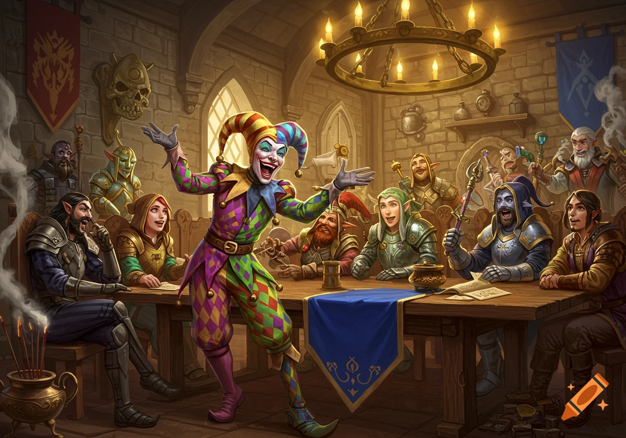 A colorful jester entertains a diverse group of armored fantasy characters laughing around a large wooden table in a stone hall.
