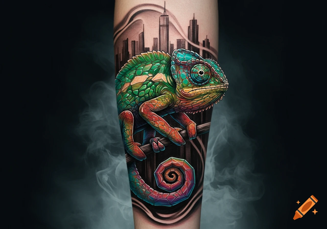 Vibrant chameleon tattoo on a forearm with a dark, abstract cityscape background.