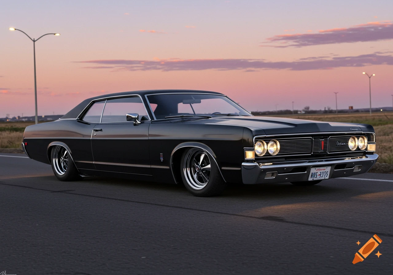 Photorealistic image of a sleek black 1969 Mercury Marauder X-100, with a chopped top and lowered suspension, parked on a road at sunset.