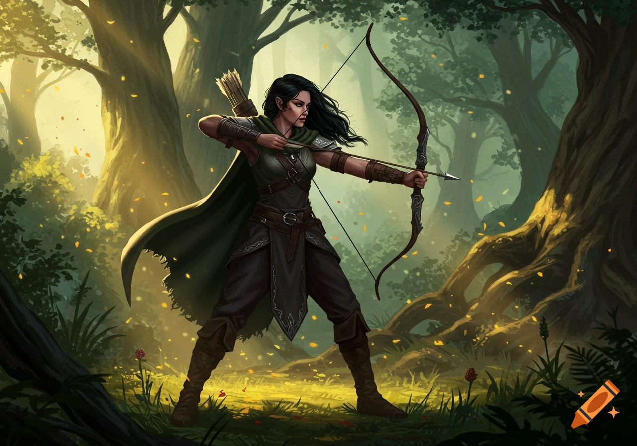 A female elf archer in a green cloak draws her bow in a sunlit fantasy forest.