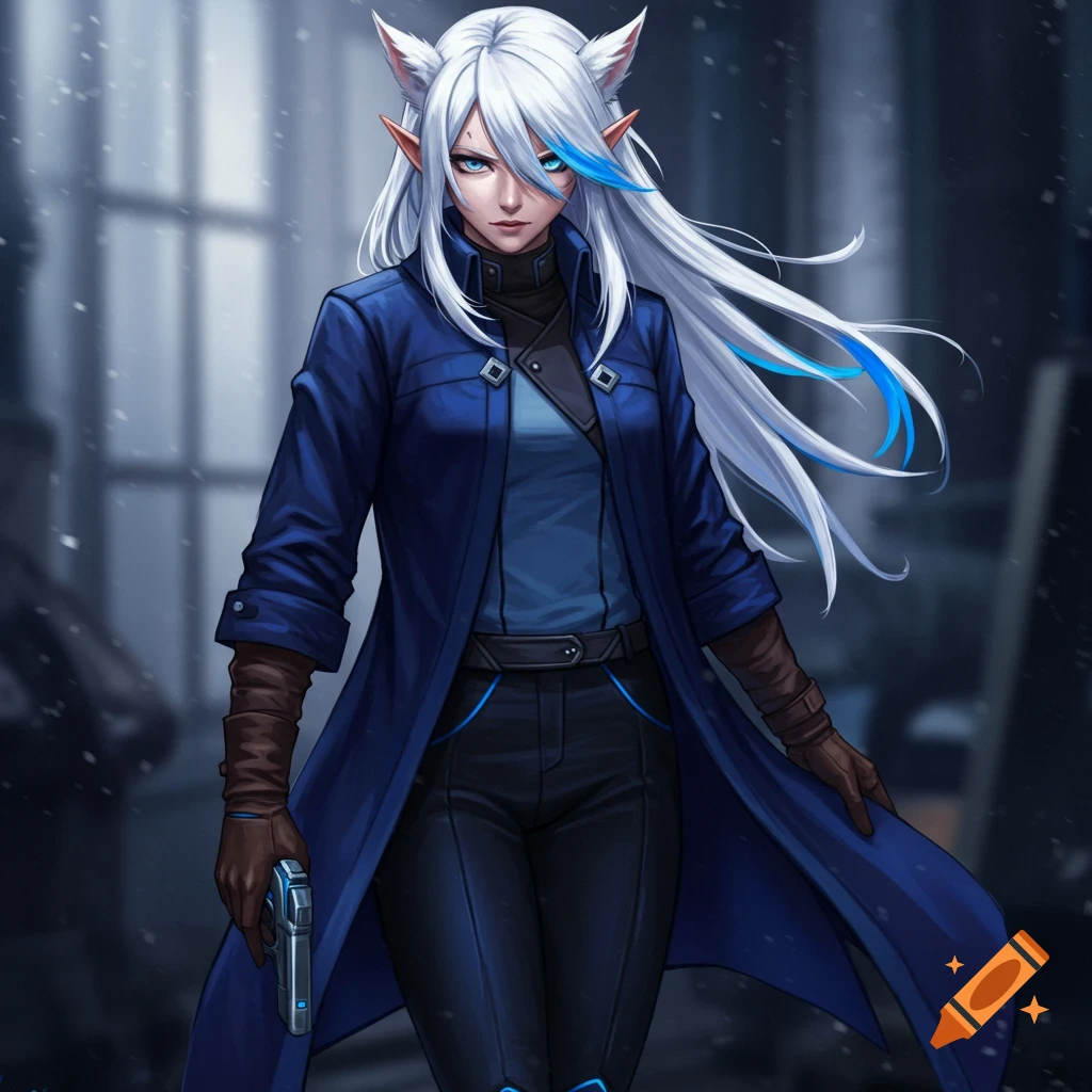 An anime woman with white hair, blue streaks, and long ears, in a blue coat, black pants, and brown gloves, holds a pistol.