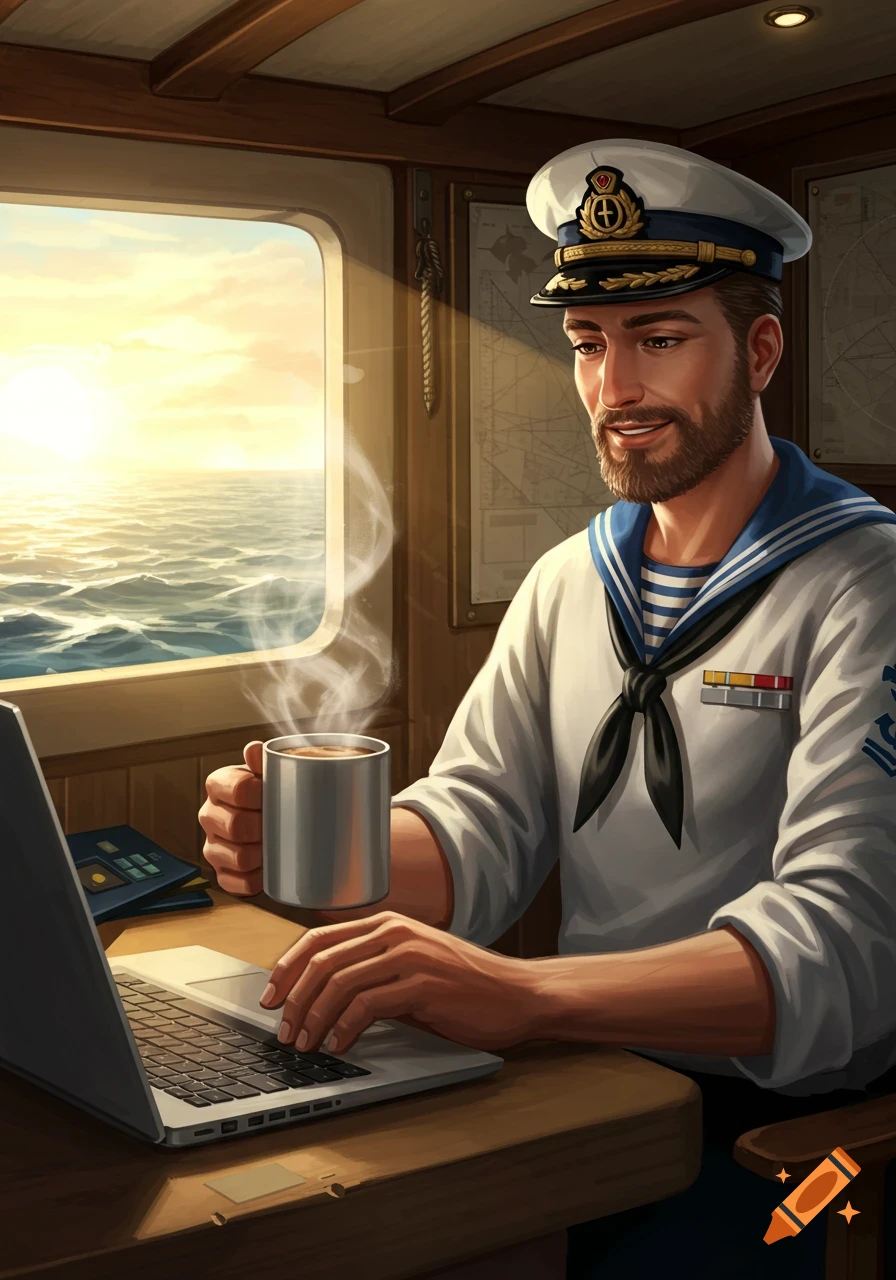 A bearded sailor in uniform works on a laptop, holding a steaming coffee mug, aboard a ship at sunset.