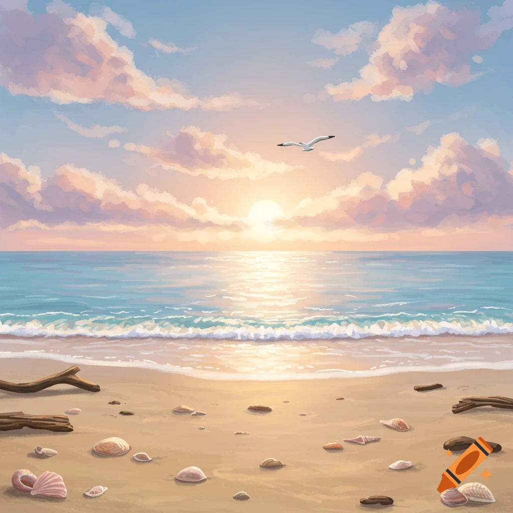Colorful sunset over a beach with a seagull flying, featuring soft waves, seashells, and driftwood.