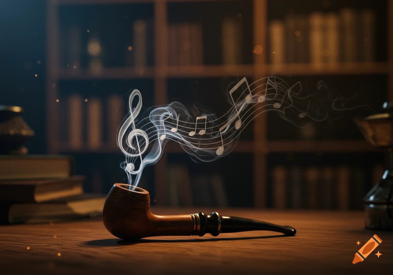 A wooden smoking pipe emits smoke that forms musical notes and a treble clef, set against a blurred library background.