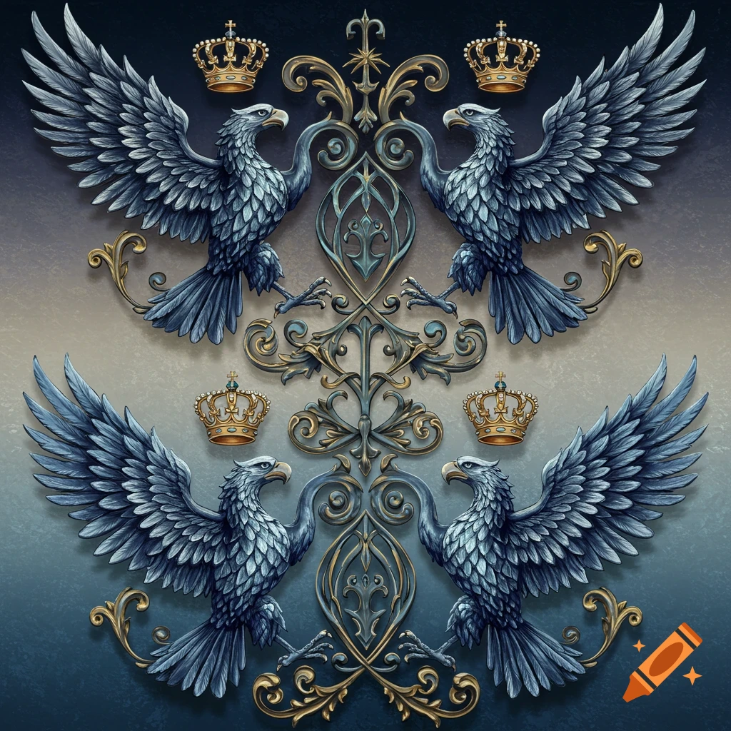 Four stylized blue eagles with gold crowns and ornate gold and blue scrolling patterns on a gradient background.