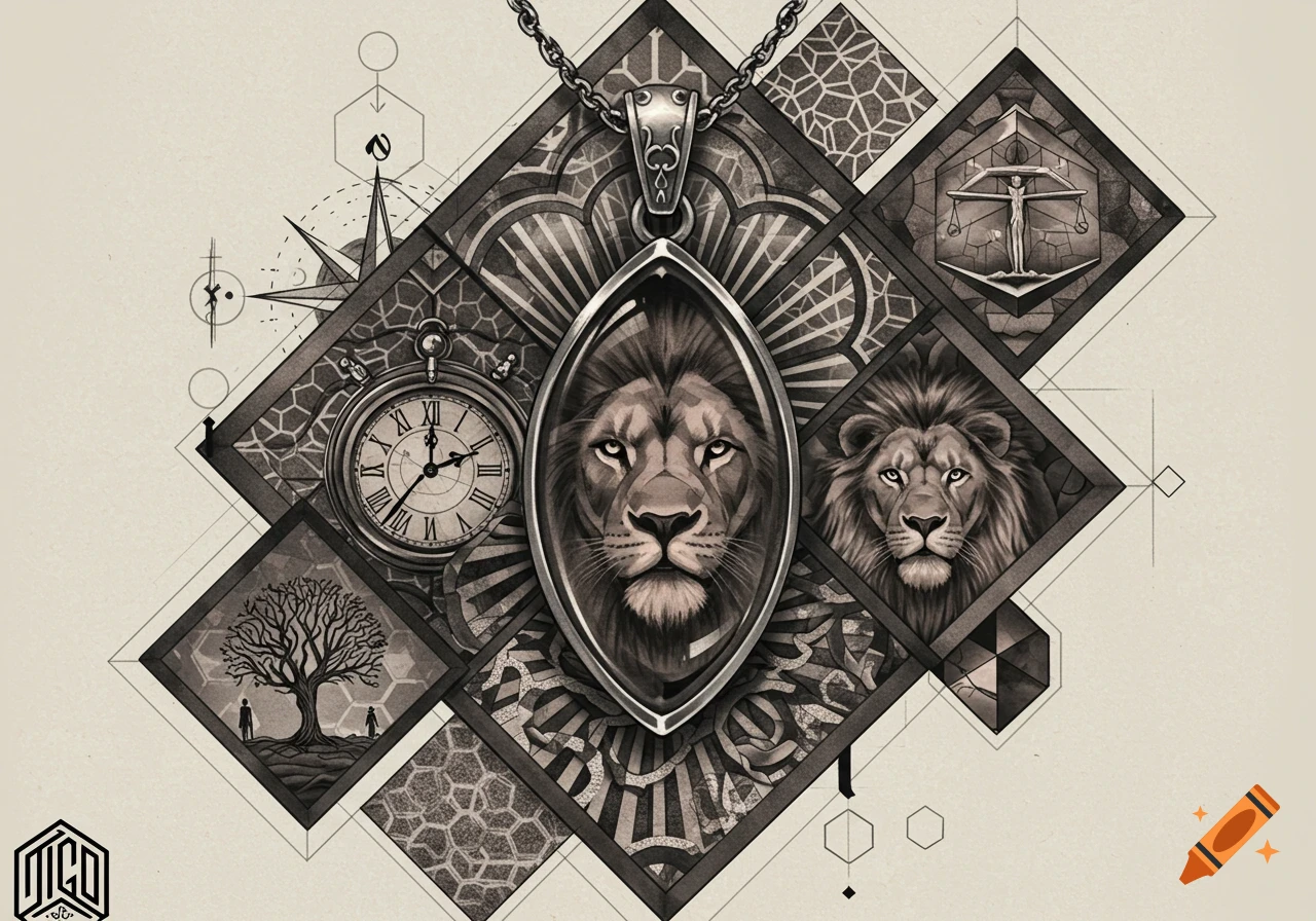 A detailed geometric realism tattoo design featuring a central lion head pendant, a pocket watch, a tree, and a balance scale, in grayscale.