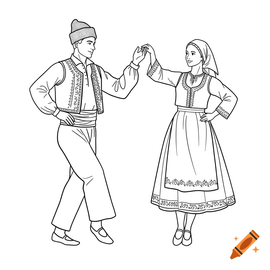 Line drawing of a male and female Serbian folk dancer in traditional costumes, holding hands and dancing.