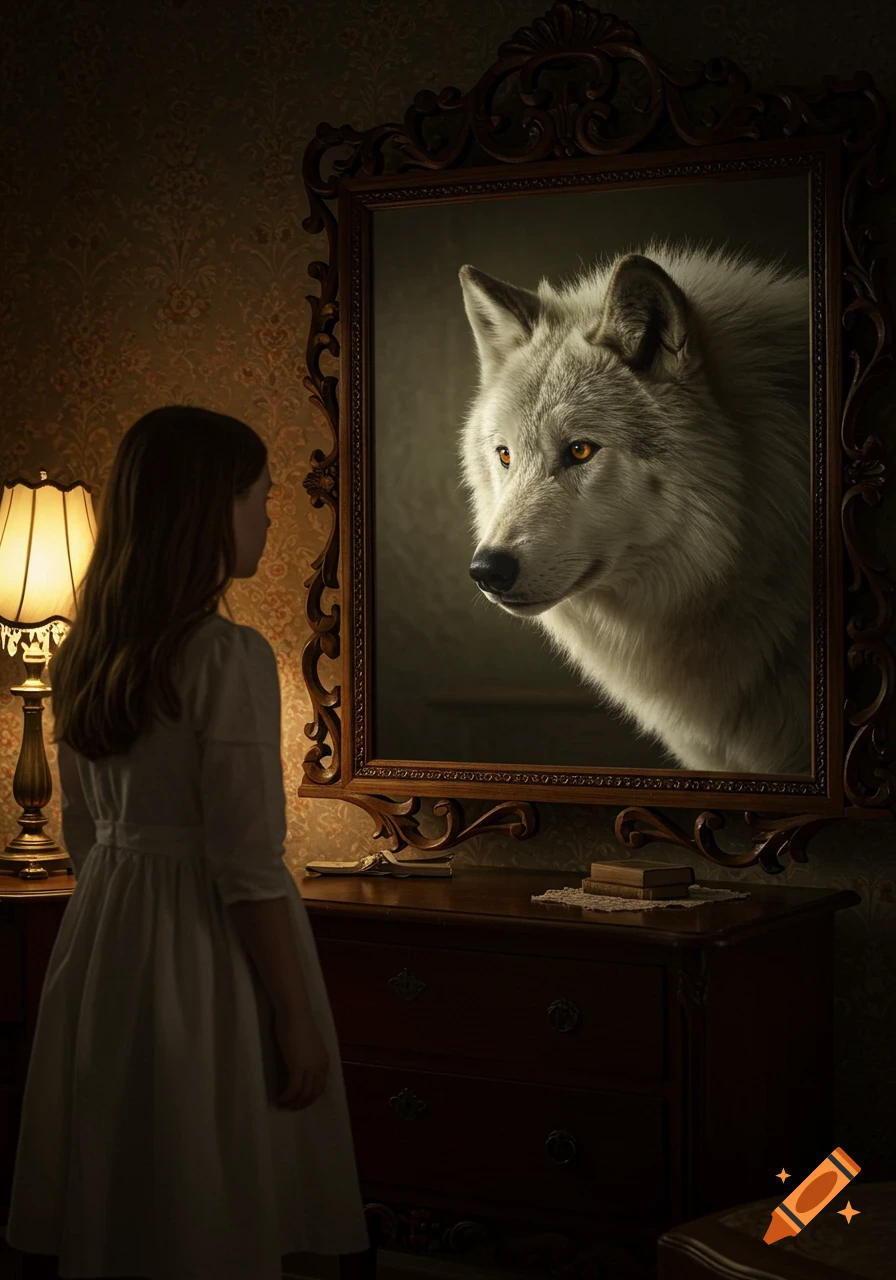 A young girl in a white dress looks into an ornate mirror, seeing a large white wolf's reflection in a dark, ornate room.