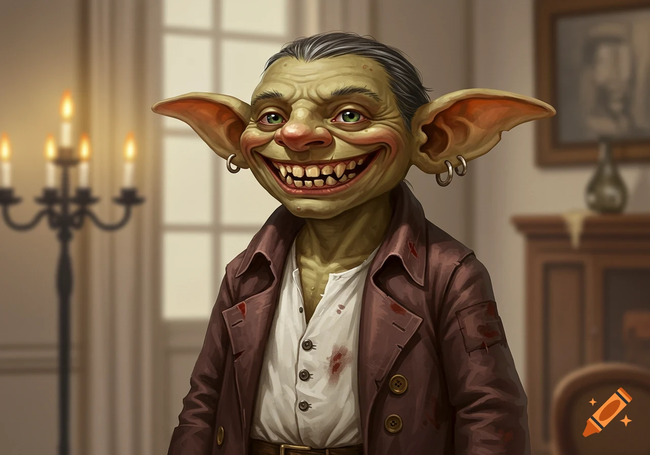 A green-skinned goblin with large ears and a wide, toothy smile wears a stained white shirt and brown coat, in a detailed digital painting.