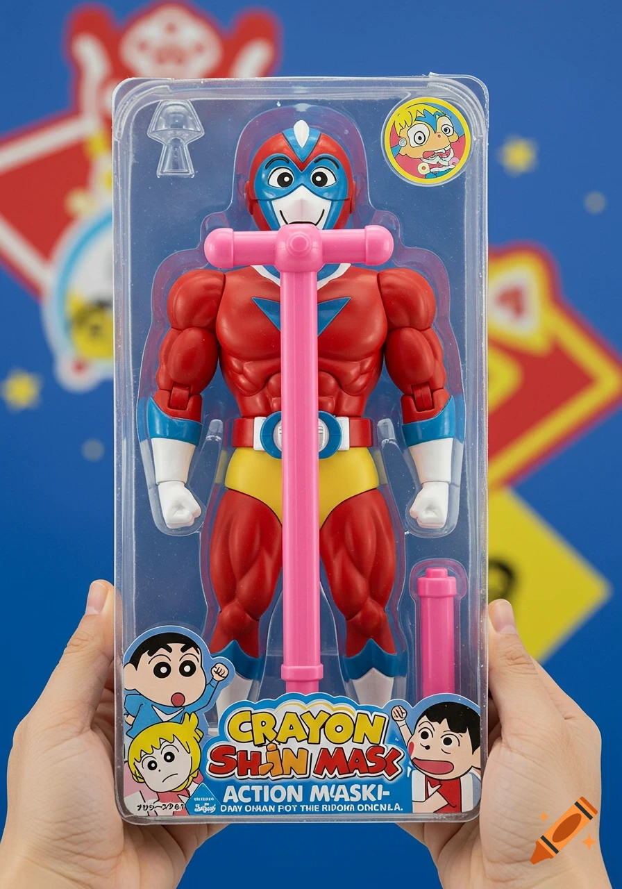 Hands hold a boxed Action Mask action figure with a pink rod, styled like Crayon Shin Chan.