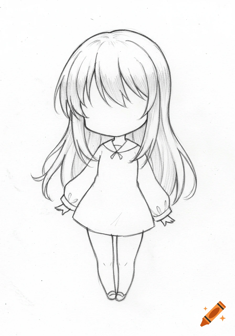Outline pencil sketch of a chibi girl with long layered hair and curtain bangs, facing forward with no facial features.