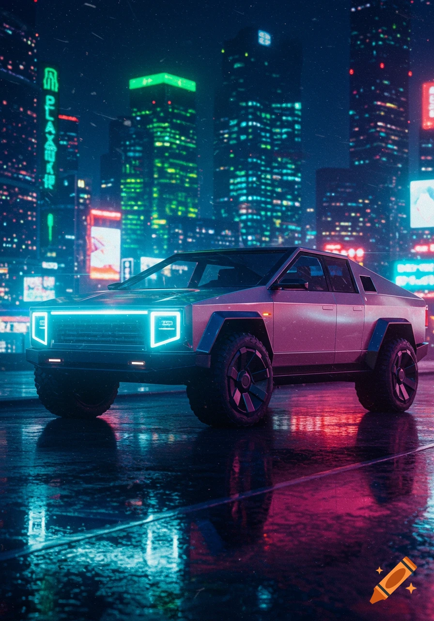A futuristic, angular SUV with glowing blue headlights on a wet street in a neon-lit cyberpunk city at night.