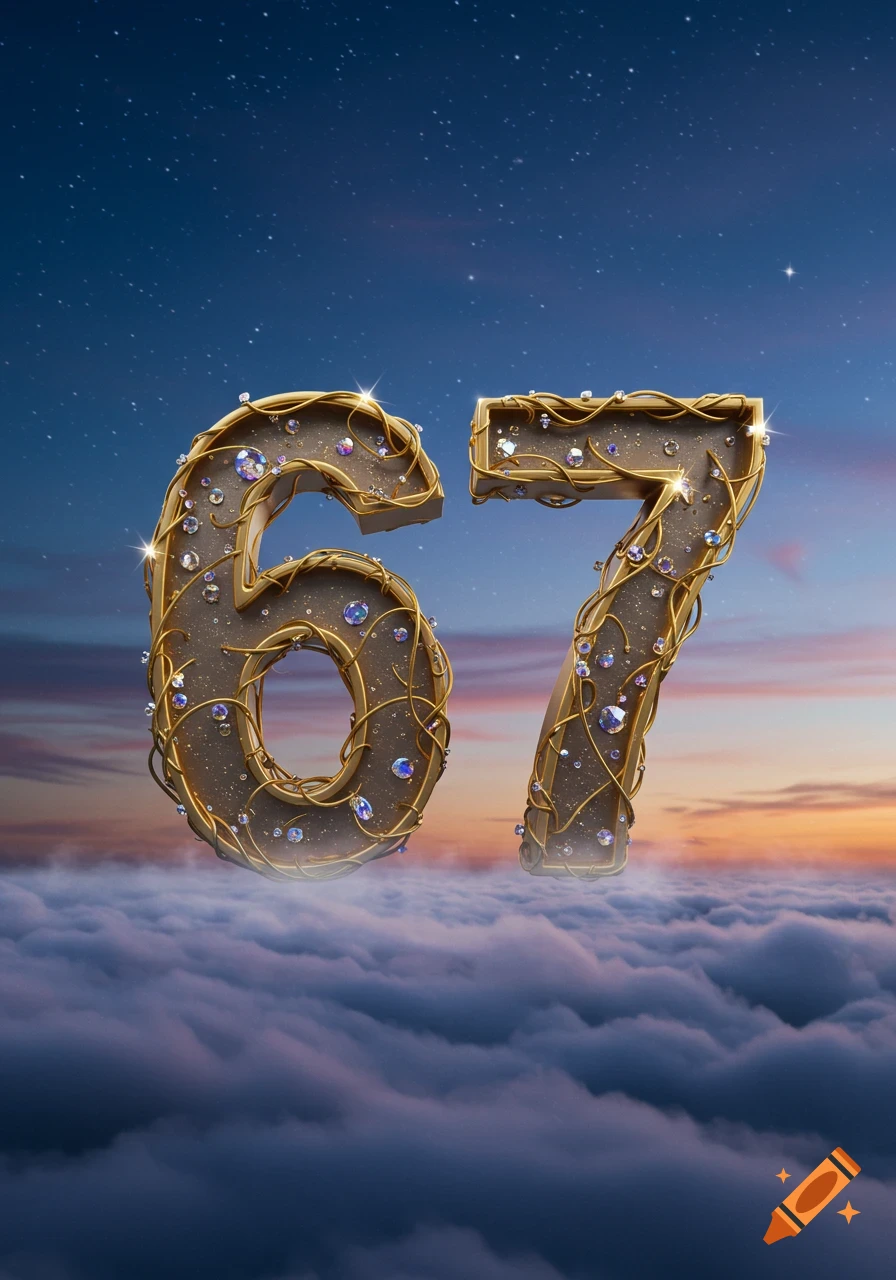 Ornate, jewel-encrusted numbers '67' float above a sea of clouds against a starry night and sunset sky.