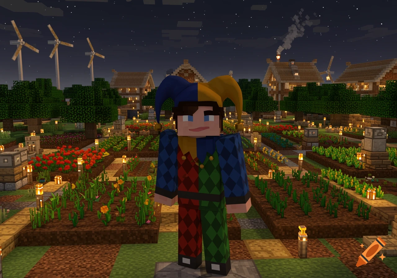 A Minecraft character dressed as a jester stands in a vibrant garden farm at night, surrounded by village houses and windmills under a starry sky.