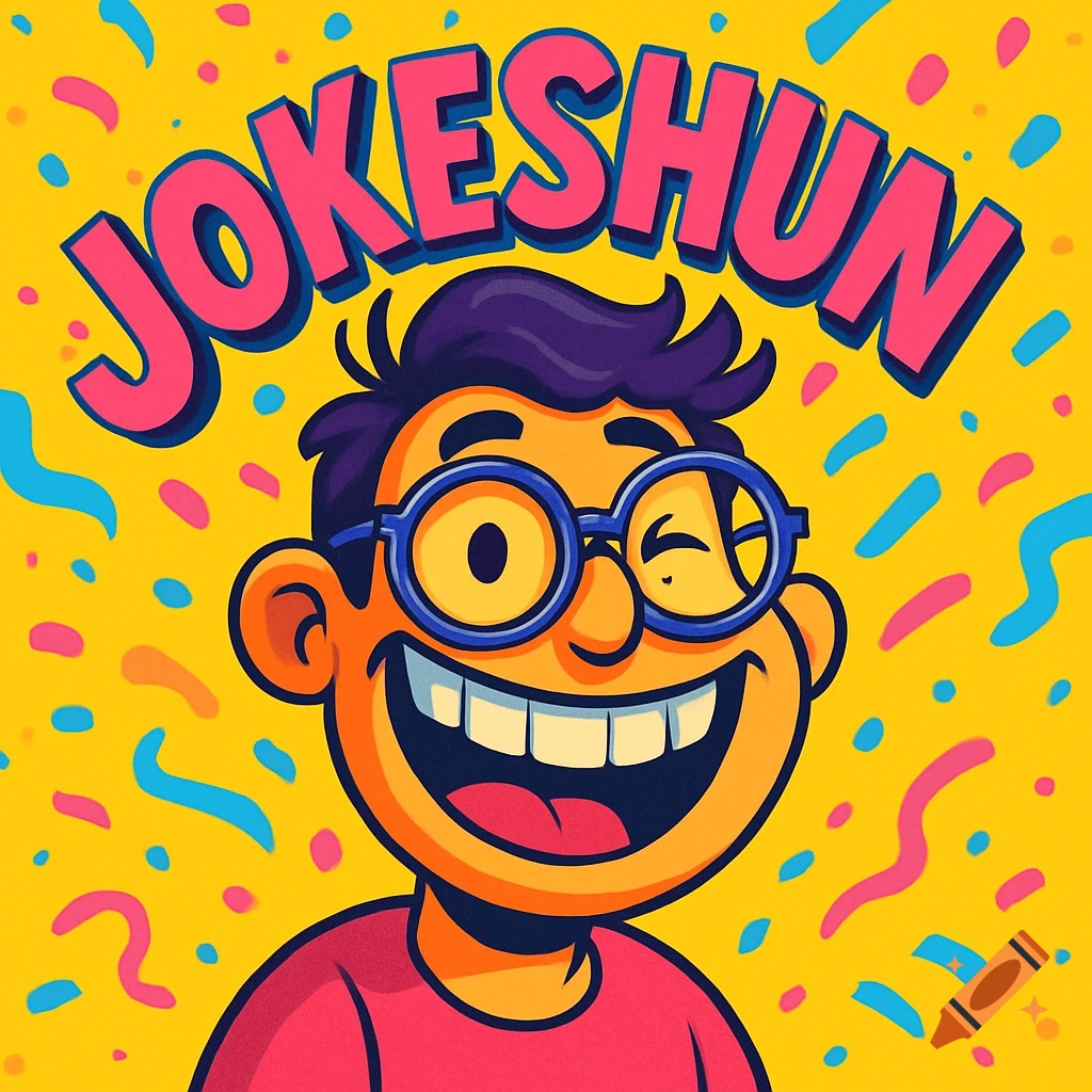 Cartoon of a laughing person in glasses with 'JOKESHUN' text and confetti on a yellow background.