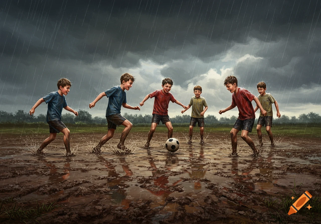 A group of boys joyfully playing soccer in the mud during heavy rain, outdoors, realistic style.