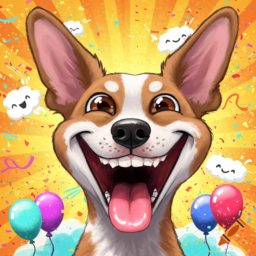 A happy cartoon corgi dog smiles widely with its tongue out amidst colorful confetti, balloons, and smiling clouds on a bright yellow background.