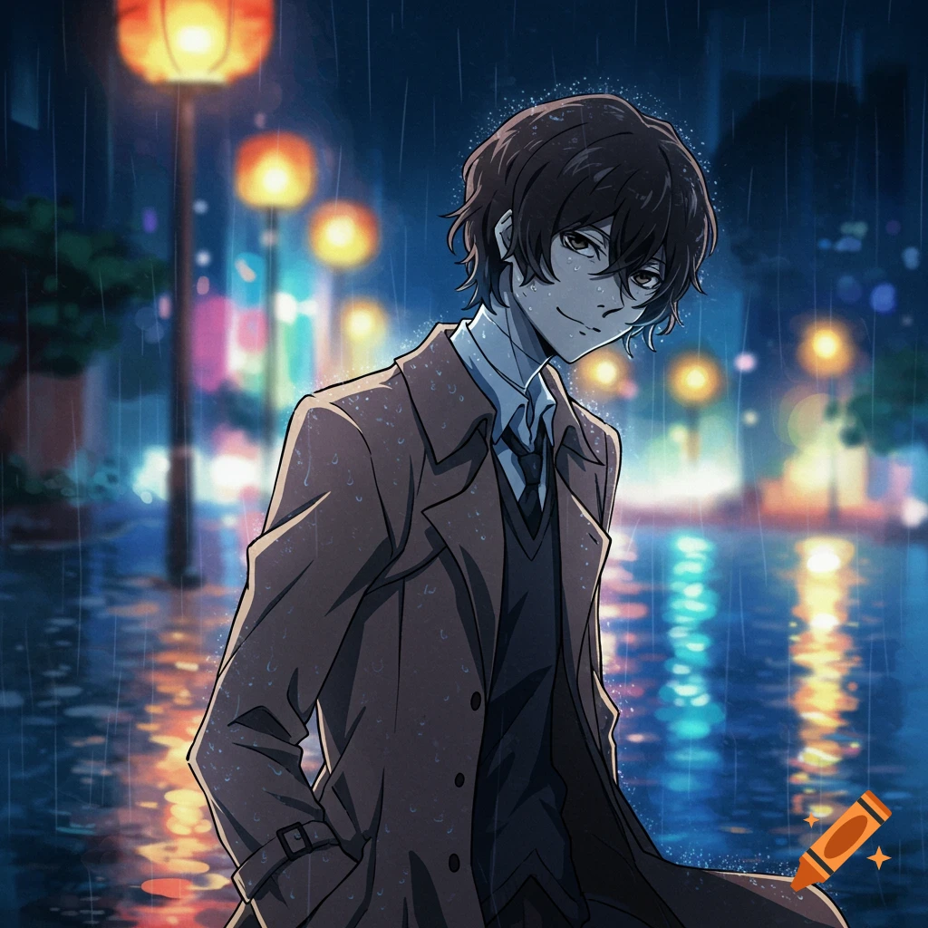 Anime-style character in a trench coat standing in the rain at night on a city street.
