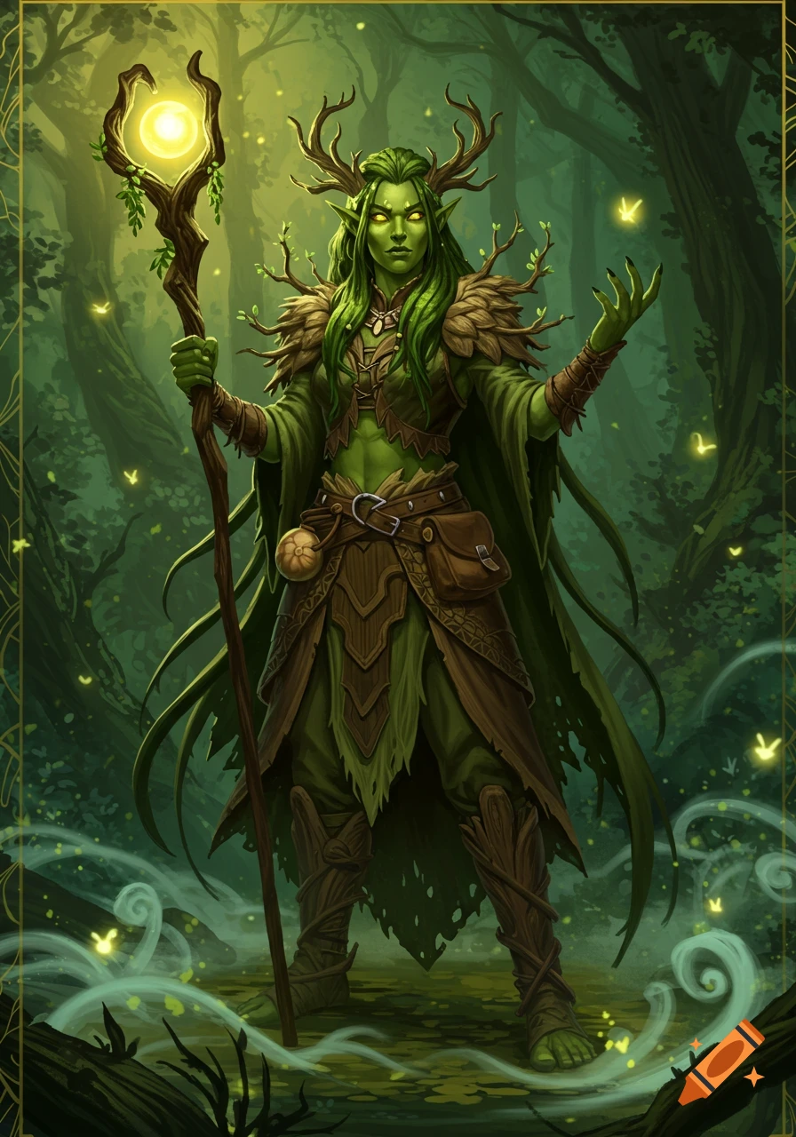 A green-skinned female druid with antlers and glowing yellow eyes stands in a magical forest, holding a luminous staff.