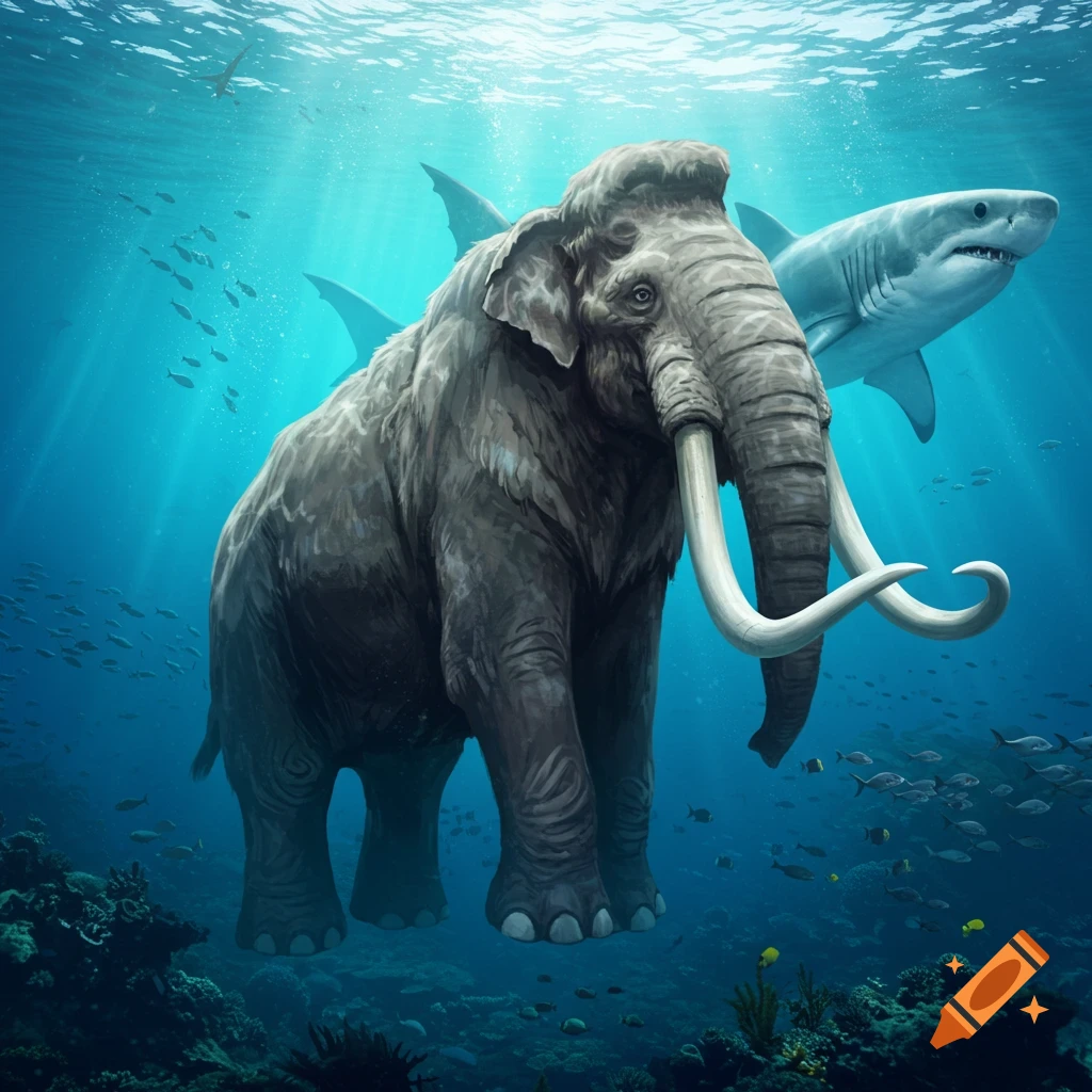 A large mastodon with shark fins swims underwater alongside a shark, surrounded by schools of fish and coral.