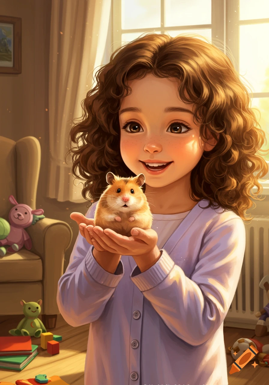 A smiling young girl with curly brown hair holds a cute hamster in her cupped hands, bathed in warm sunlight from a window, in a digital art style.