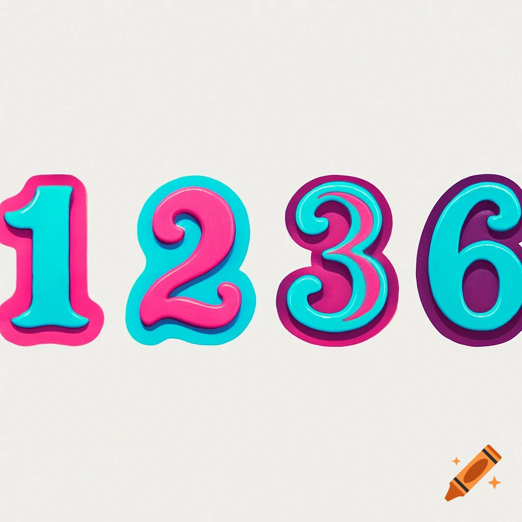 Stylized numbers 1, 2, 3, and 6 in vibrant aqua, pink, and purple, arranged on a white background.