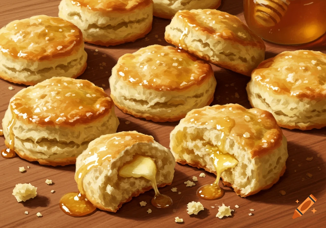 Close-up of golden-brown biscuits drizzled with honey and melted butter on a wooden table, some broken open to show soft layers.