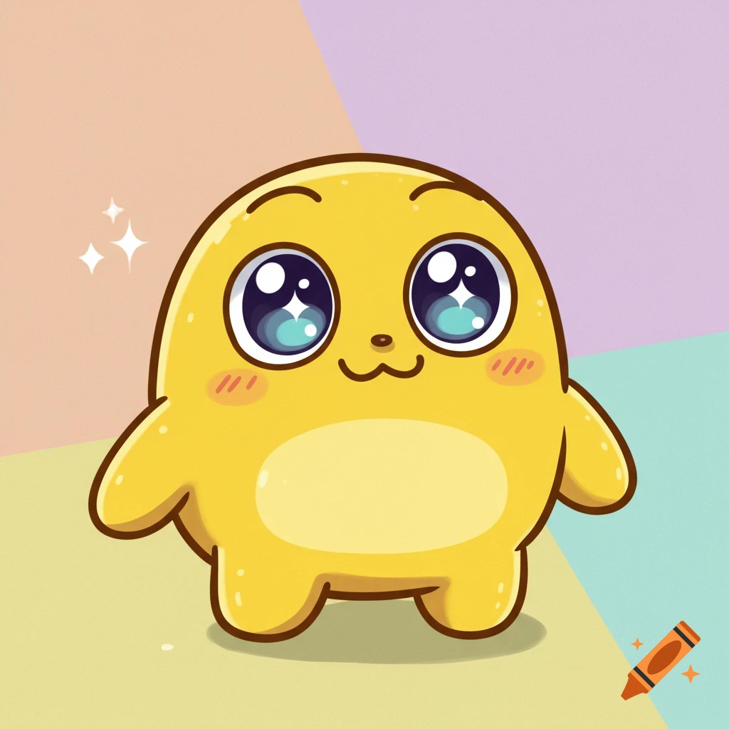 A cute yellow cartoon character with big shiny eyes and a happy face stands against a colorful geometric background.